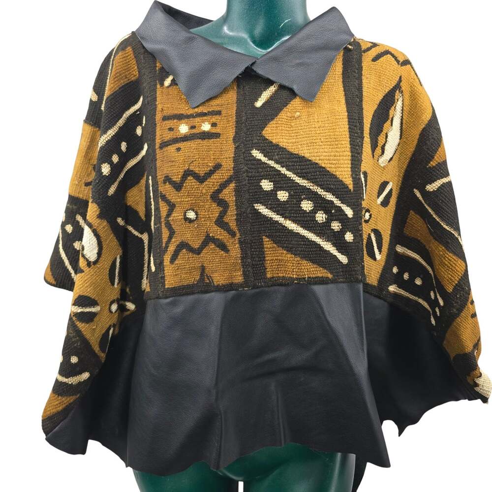 Handmade African Shrug Mudcloth Leather Bogolan Shrug Poncho Cape Afrocentric OS